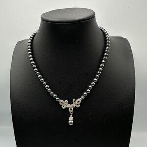 Dark Gray Faux Pearl Necklace Silver Tone Rhinestone Encrusted Dangling Pendant